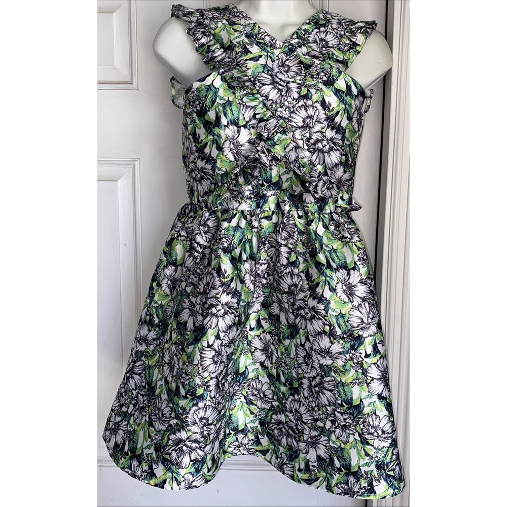 Gianni Bini GB Girls Size 10‎ Sleeveless Green White Floral Short Dress Ruffles